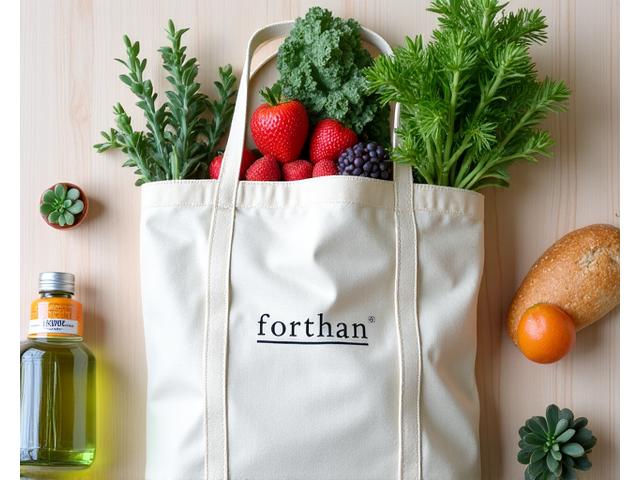 Photo of sustainable living essentials like reusable bags, a plant, and local produce against a light background.